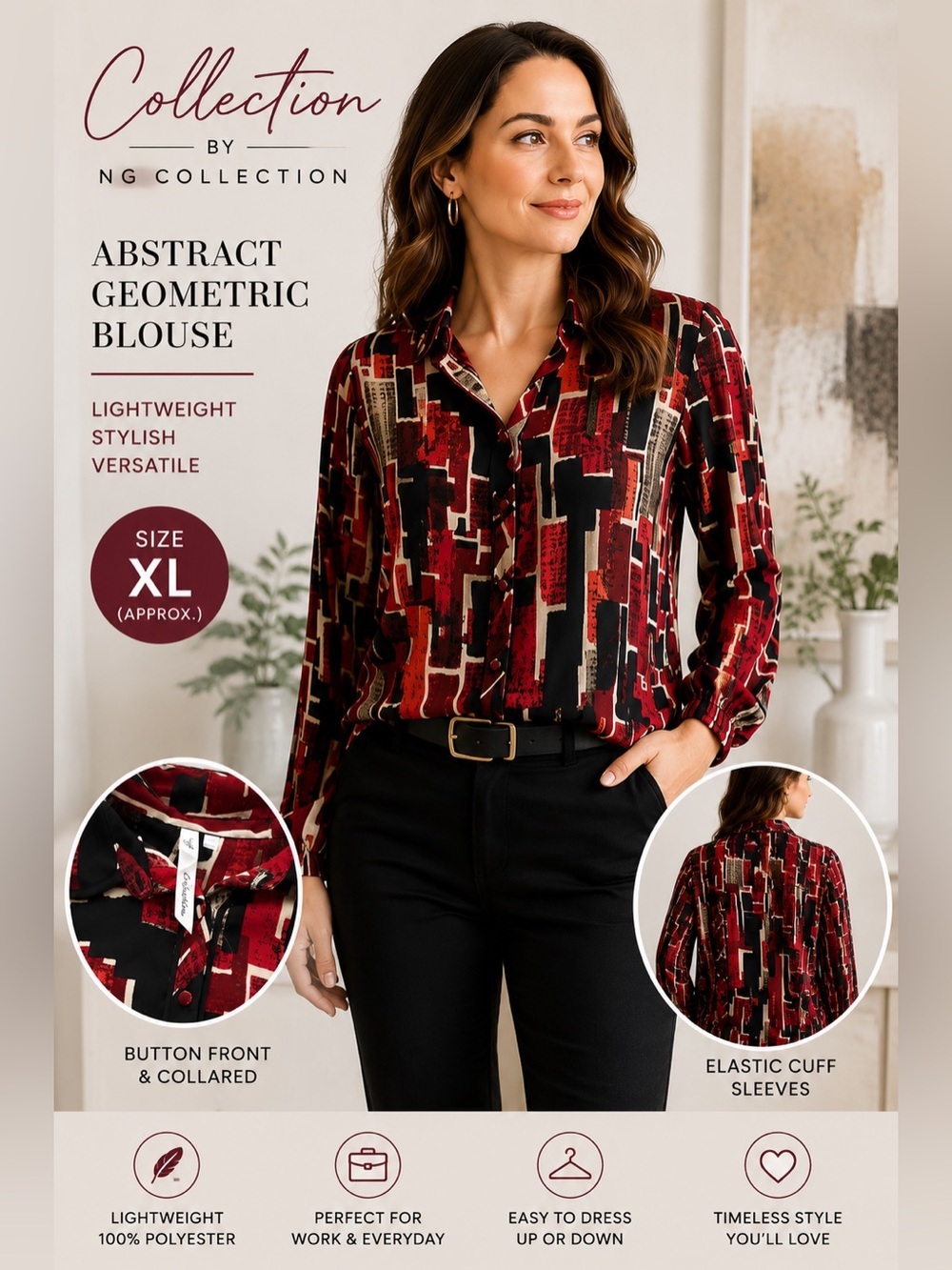 Collection by NG Collection Women’s Abstract Geometric Button Front Blouse XL